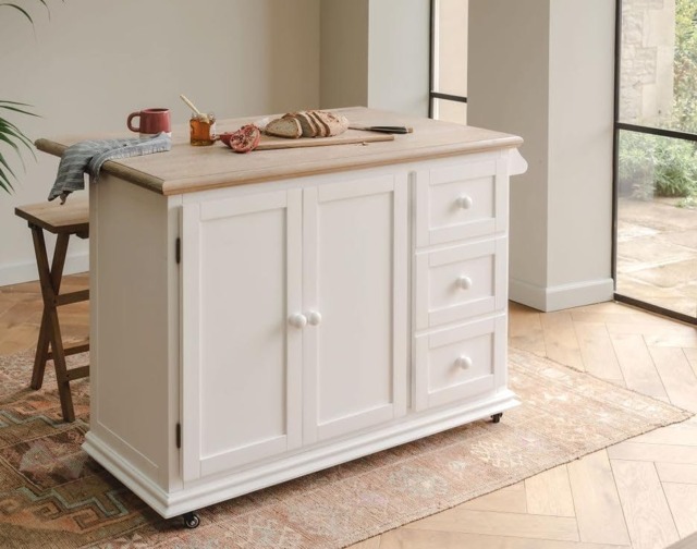 Rackhams Shire Breakfast Bar White Kitchen Storage Trolley with Oak Top Extendable Rolling Kitchen Island - White - image 1