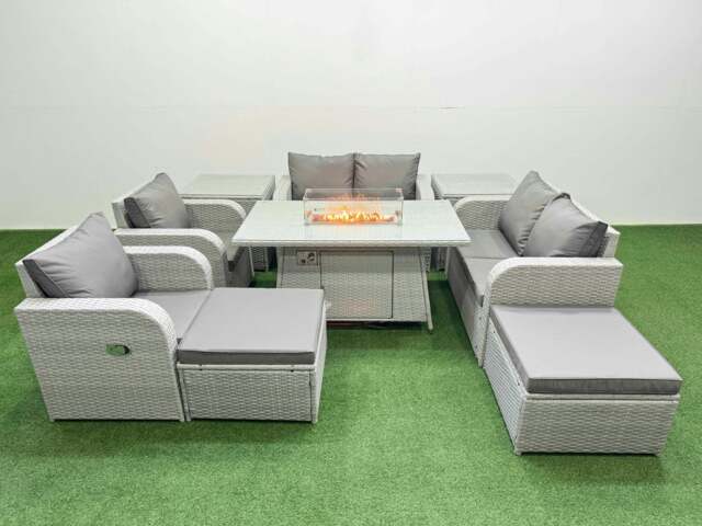 Rackhams 8 Seater Outdoor Reclining Chair Love Sofa Set Rattan Garden Furniture Set with Fire Pit Dining Table 2 Big FootStools 2 Side Table Light Grey - image 1