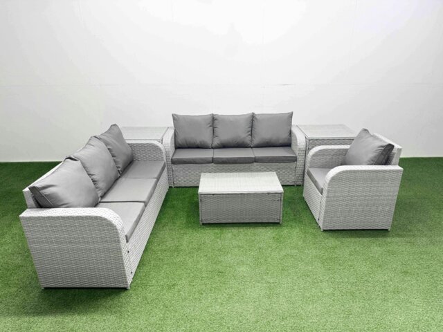 Rackhams 7 Seater Poly Rattan Outdoor Garden Furniture Sofa Set Patio 3 Seater Sofa Reclining Chair 3 Seater Sofa 2 Side Table Light Grey - image 1