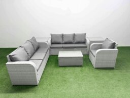 Rackhams 7 Seater Poly Rattan Outdoor Garden Furniture Sofa Set Patio 3 Seater Sofa Reclining Chair 3 Seater Sofa 2 Side Table Light Grey - thumbnail 1