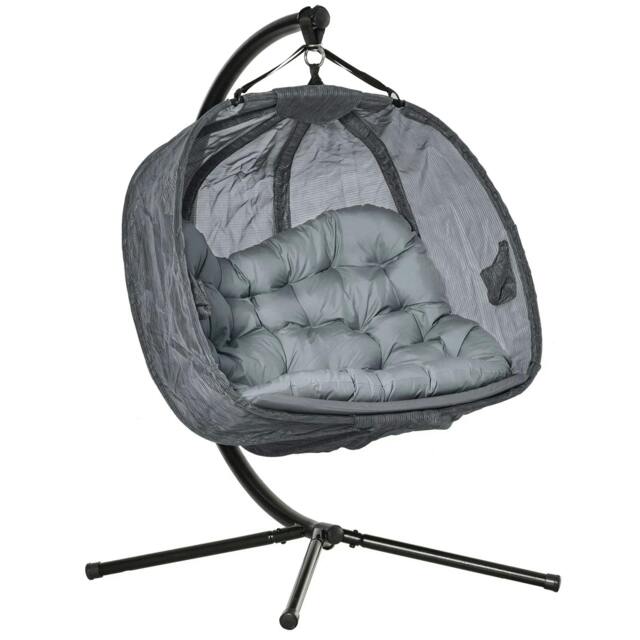 Rackhams Double Hanging Egg Chair 2 Seaters Texteline Swing Hammock Chair with Stand, Cushion and Folding Design, for Indoor and Outdoor, Grey - image 1