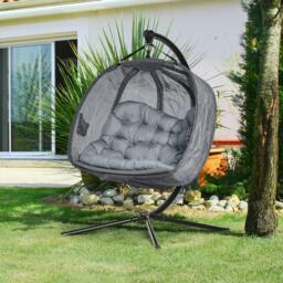 Rackhams Double Hanging Egg Chair 2 Seaters Texteline Swing Hammock Chair with Stand, Cushion and Folding Design, for Indoor and Outdoor, Grey - thumbnail 2
