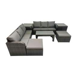 Rackhams Rattan Garden Outdoor Furniture Set 3 Seater Sofa Coffee Table with 2 Big Footstools 2 Side Tables Dark Grey Mixed - thumbnail 1