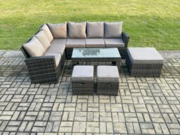 Rackhams 9 Seat Rattan Garden Furniture Corner Sofa Set Outdoor Patio Sofa Table Set with 3 Footstools Dark Grey Mixed - thumbnail 2