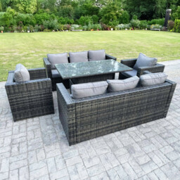 Rackhams Outdoor 8-Seater Garden Rattan Sofa & Chairs Set with Adjustable Height Dining Table - Dark Grey - thumbnail 1