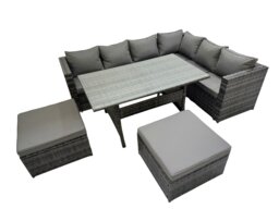 Rackhams Rattan Garden Furniture Set Outdoor 8 Seater Patio Dining Corner Sofa Sets with Dining Table 2 Big Stools Dark Grey Mixed - thumbnail 1