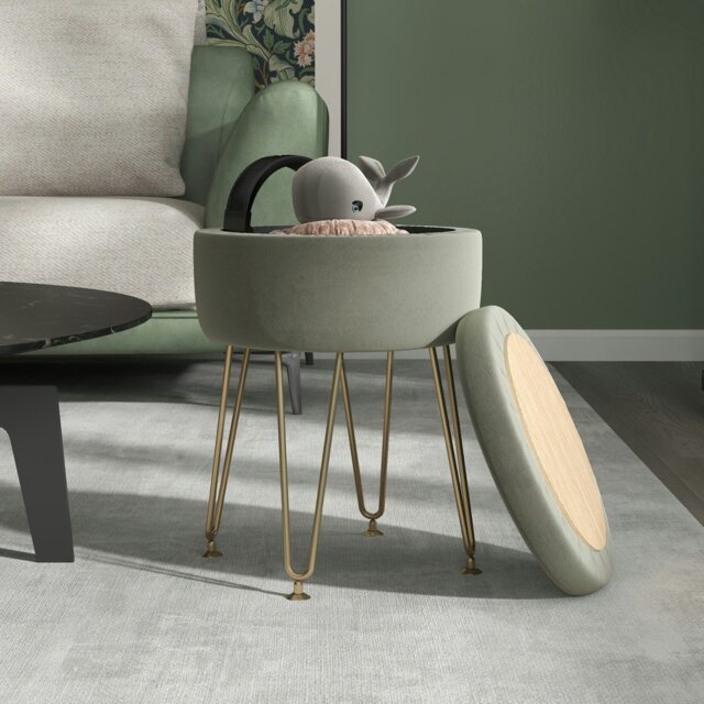 Rackhams 5L Velvet Footstool with Removable Lid for Bedroom - Green - Polyester - 33cm x 33cm x 43cm - image 1