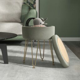 Rackhams 5L Velvet Footstool with Removable Lid for Bedroom - Green - Polyester - 33cm x 33cm x 43cm