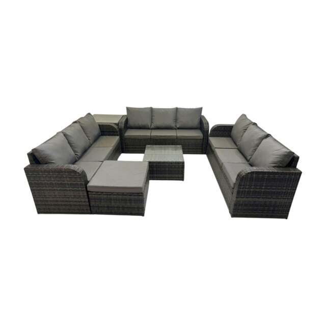 Rackhams Rattan Garden Outdoor Furniture Set 3 Seater Sofa Square Coffee Table Set with Big Stool Side Table Dark Grey Mixed - image 1