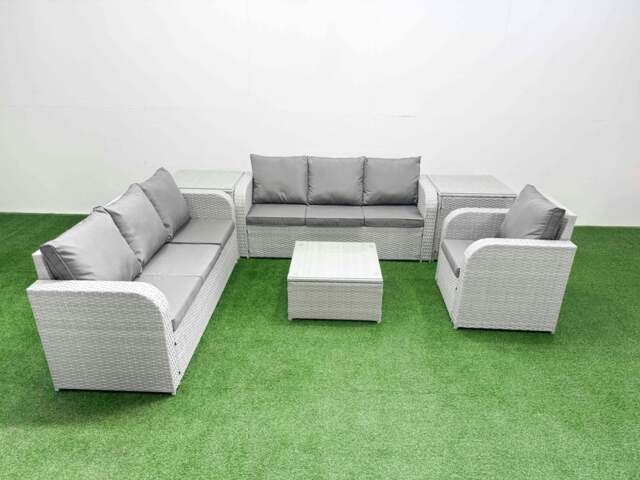 Rackhams 7 Seater Rattan Outdoor Garden Furniture Square Coffee Table Sofa Set Patio 3 Seater Sofa Reclining Chair 3 Seater Sofa 2 Side Table Light Grey - image 1