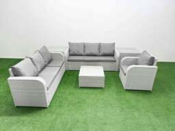 Rackhams 7 Seater Rattan Outdoor Garden Furniture Square Coffee Table Sofa Set Patio 3 Seater Sofa Reclining Chair 3 Seater Sofa 2 Side Table Light Grey - thumbnail 1