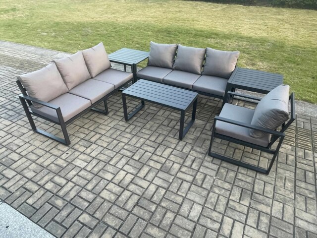 Rackhams Aluminium 7 Seater Garden Furniture Outdoor Patio Sofa Set with Rectangular Coffee Table Armchair 2 Side Tables Dark Grey - image 1