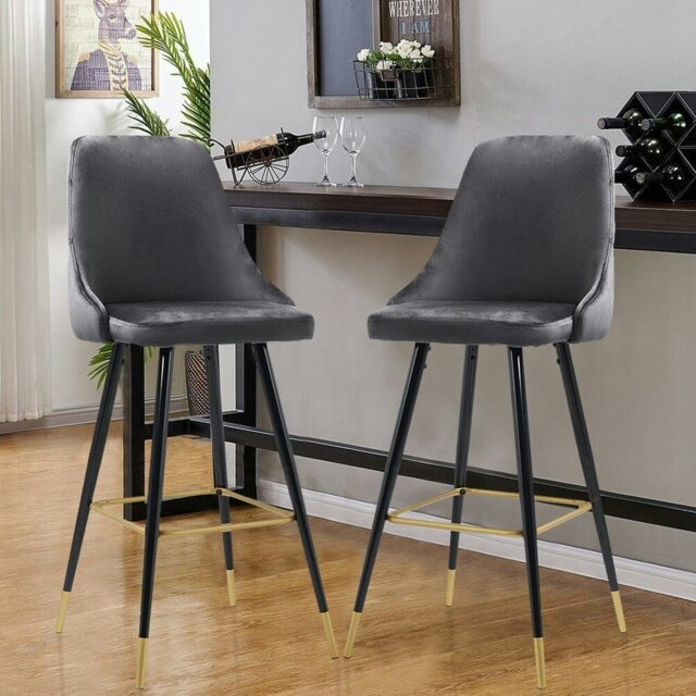 Rackhams 3ft Height Bar Stools with Footrest Set of 2 Velvet Padded - Grey - image 1