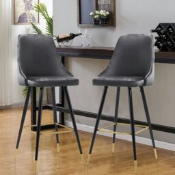 Rackhams 3ft Height Bar Stools with Footrest Set of 2 Velvet Padded - Grey - thumbnail 1