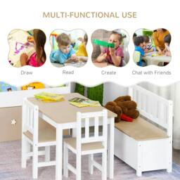 Rackhams 4-Piece Kids Table and Chair Set with 2 Wooden Chairs, 1 Storage Bench, and Interesting Modern Design, Beige/White - thumbnail 4