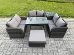 Rackhams Rattan Garden Furniture Set 7 Seater Patio Outdoor Love Sofa Set with Rectangular Dining Table Big Footstool Side Table Dark Grey Mixed - thumbnail 2