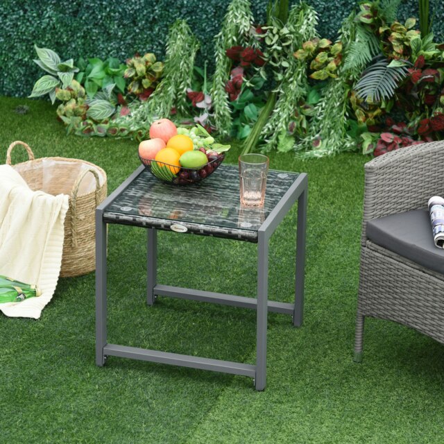 Rackhams Rattan End Table Side Coffee Desk Outdoor Patio Garden Furniture - Grey - Steel, PE Rattan - 50cmx49.5cmx50cm - image 1