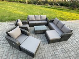 Rackhams Wicker PE Rattan Garden Furniture Set 10 Seater Outdoor Lounge Sofa Set with Coffee Table 2 Big Footstool Dark Grey Mixed - thumbnail 2