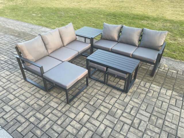 Rackhams Aluminium 9 Seater Garden Furniture Outdoor Patio Sofa Set with Rectangular Coffee Table 3 Footstools Side Table Dark Grey - image 1