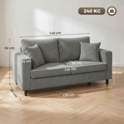 Rackhams Loveseat Sofa with Wide Seat, Corduroy Upholstered, Light Grey - thumbnail 3