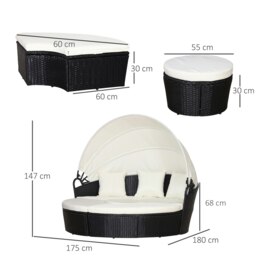 Rackhams 5 PCs Cushioned Outdoor Plastic Rattan Round Sofa Bed Table Set Black - Grey - PE rattan, Metal - 175cmx180cmx147cm - thumbnail 6