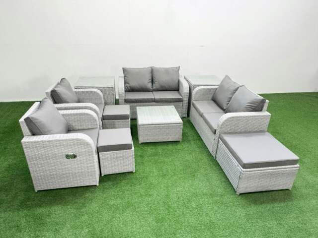 Rackhams 9 Seater Outdoor Reclining Chair Love Sofa Set Rattan Garden Furniture Set with Square Coffee Table 3 Stools 2 Side Table Light Grey - image 1