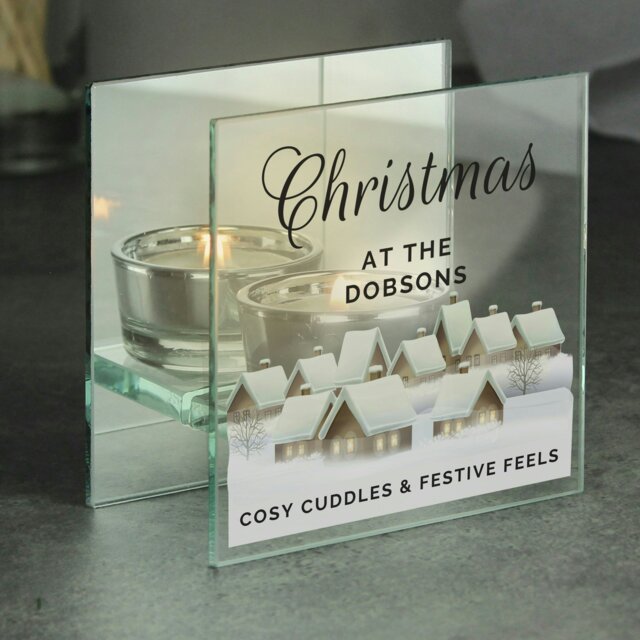 Rackhams Personalised Christmas Village Mirrored Glass Tea Light Candle Holder - image 1