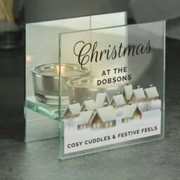 Rackhams Personalised Christmas Village Mirrored Glass Tea Light Candle Holder