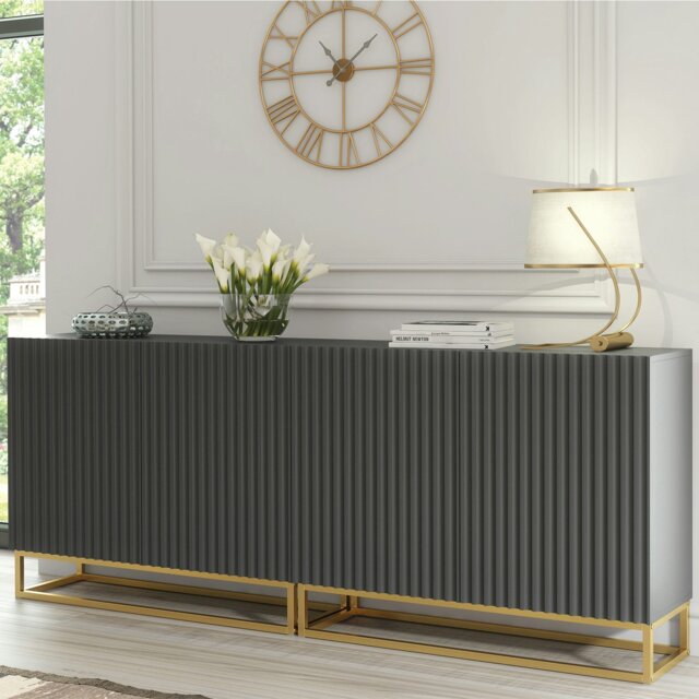 Rackhams Sophisticated Grey Sideboard with Fluted Fronts & Gold Legs – 200cm Storage Unit - 200 - Grey - MDF/Chipboard - image 1