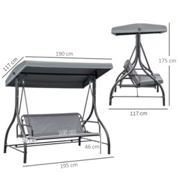 Rackhams 3 Seater Canopy Swing Chair Porch Hammock Bed Rocking Bench - Dark Grey - thumbnail 3
