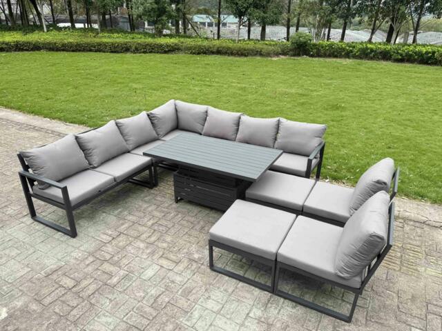 Rackhams 10 Seater Aluminium Garden Furniture Set with Adjustable Rising Dining Table, Corner Sofa, 2 Footstools - Grey