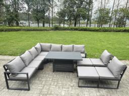 Rackhams 10 Seater Aluminium Garden Furniture Set with Adjustable Rising Dining Table, Corner Sofa, 2 Footstools - Grey - thumbnail 2
