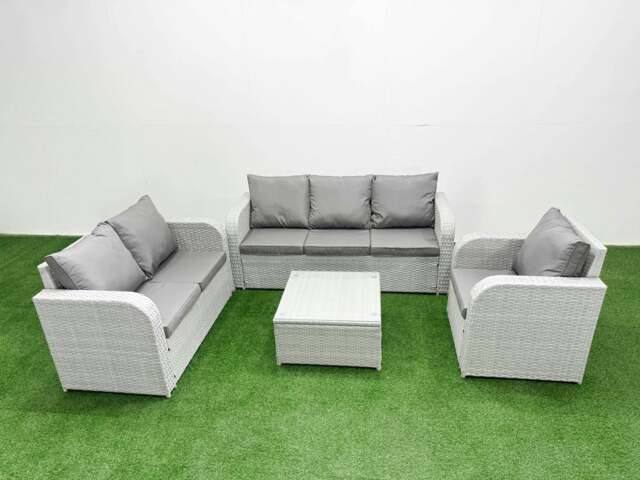 Rackhams Patio PE Wicker 6 Seater Outdoor Rattan Furniture Sofa Sets with Square Coffee Table Reclining Chair Loveseat Sofa 3 Seater Sofa Light Grey - image 1