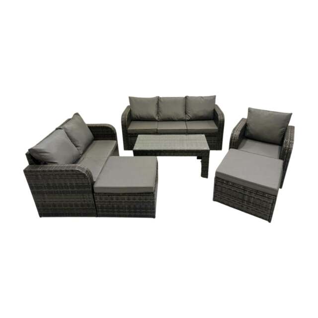Rackhams Rattan Garden Outdoor Furniture Set 3 Seater Sofa Love Sofa Coffee Table with 2 Big Footstools Dark Grey Mixed - image 1