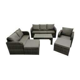 Rackhams Rattan Garden Outdoor Furniture Set 3 Seater Sofa Love Sofa Coffee Table with 2 Big Footstools Dark Grey Mixed - thumbnail 1