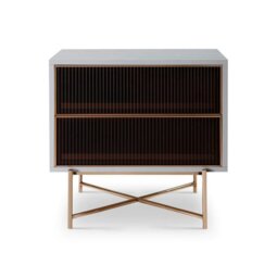 Rackhams Adriana Bedside Chests - White Wood - Bronze Fluted Glass - Brushed Bronze