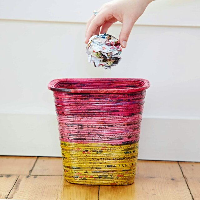 Rackhams Recycled Newspaper Waste Paper Basket - Red/Pink/Yellow - image 1