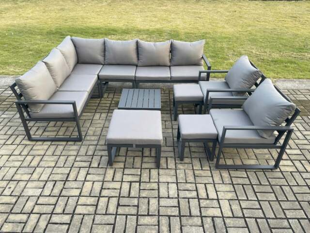 Rackhams 11 Seater Outdoor Lounge Corner Sofa Set Aluminium Garden Furniture Sets with Square Coffee Table 2 Chairs 3 Footstools Dark Grey