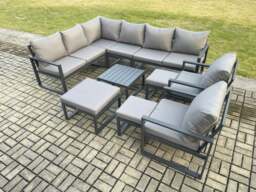 Rackhams 11 Seater Outdoor Lounge Corner Sofa Set Aluminium Garden Furniture Sets with Square Coffee Table 2 Chairs 3 Footstools Dark Grey - thumbnail 2
