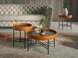 Rackhams Round Coffee Table in Leatherette, Walnut and Black Steel 2058 - thumbnail 3