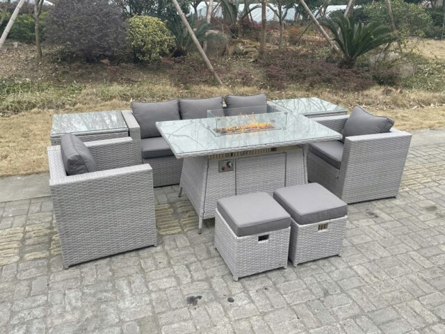 Rackhams Rattan Garden Furniture Set Gas Fire Pit Lounge Sofa Chair Dining Set With 2 Side Table And 2 PC Arm Chair 2 Stools - image 1