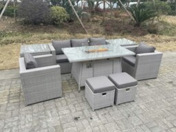 Rackhams Rattan Garden Furniture Set Gas Fire Pit Lounge Sofa Chair Dining Set With 2 Side Table And 2 PC Arm Chair 2 Stools - thumbnail 1