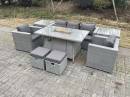 Rackhams Rattan Garden Furniture Set Gas Fire Pit Lounge Sofa Chair Dining Set With 2 Side Table And 2 PC Arm Chair 2 Stools - thumbnail 2