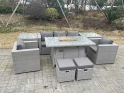 Rackhams Rattan Garden Furniture Set Gas Fire Pit Lounge Sofa Chair Dining Set With 2 Side Table And 2 PC Arm Chair 2 Stools - thumbnail 3