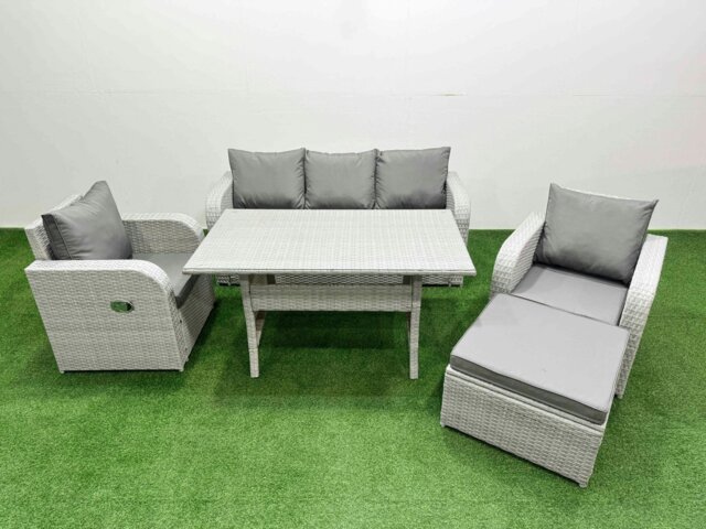 Rackhams PE Rattan Garden Furniture Set Reclining Chair Sofa Lounge Sofa Set Rectangular Dining Table Big Footstool Light Grey - image 1