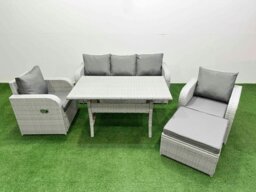 Rackhams PE Rattan Garden Furniture Set Reclining Chair Sofa Lounge Sofa Set Rectangular Dining Table Big Footstool Light Grey - thumbnail 1