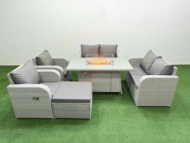 Rackhams 7 Seater Outdoor Reclining Chair Love Sofa Set Rattan Garden Furniture Set with Fire Pit Dining Table Footstool Light Grey - image 1