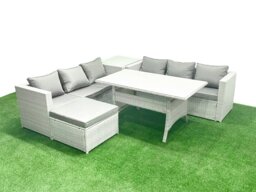 Rackhams Rattan Garden Furniture Set 7 Seater Outdoor Sofa Set with Dining Table Side Table Big Footstool Light Grey Mixed - thumbnail 2
