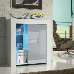 Rackhams 83cm Grey Cabinet Cupboard Sideboard with High Gloss Door and Free LED Lights - 83 cm  - MDF/Chipboard - White Matt Body & Grey Gloss Door