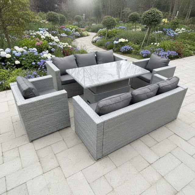 Rackhams 8 Seater Rattan Garden Furniture Set with Adjustable Rising Table, 2 Sofas & 2 Arm Chairs - Light Grey - image 1